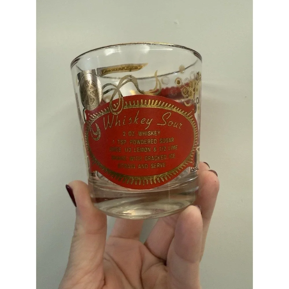 8 VTG Mid Century Modern Red Gold Whiskey Sour Old‎ Fashioned Bourbon Glasses